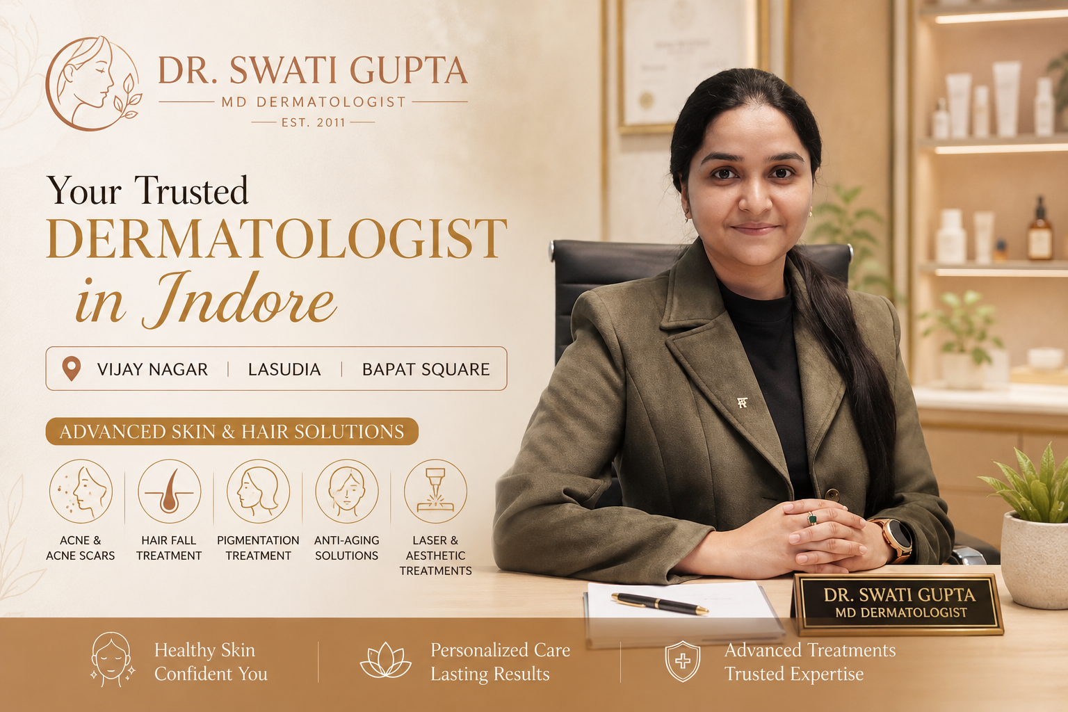 Dr. Swati Gupta - Best Dermatologist in Indore providing expert skin, hair, acne, laser, and aesthetic treatments near Vijay Nagar, Lasudia, and Bapat Square.